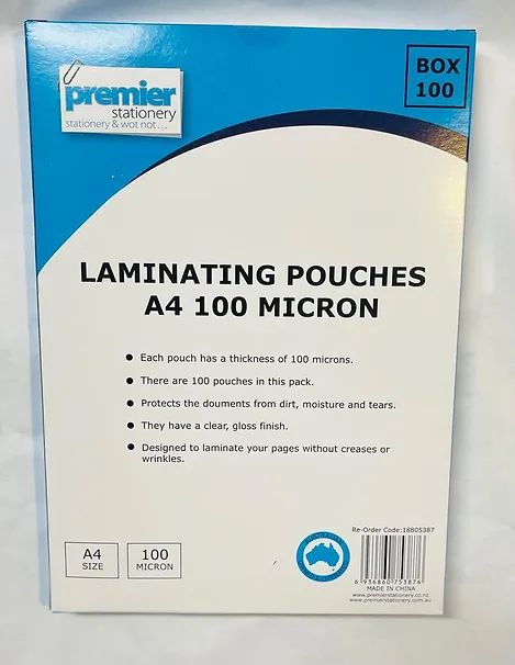 Premier Laminating Pouches A4 100 Micron  100 Sheetspack  Buy in Multiples of 10 