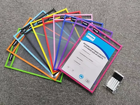 Premier Write n Wipe Erasable Sleeves Asst with Markers  10 Pack  10 Dry Erase Pens  Oversized 10 x 135 Reusable Sleeves for School Office  Home Use