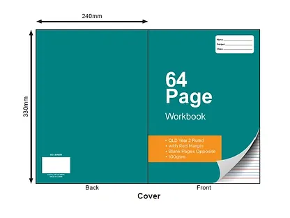 330x240mm Workbook 64 Pages  QLD Year 2 Ruled with Red Margin  Blank  100gsm Premium Paper Buy in Multiples of 12