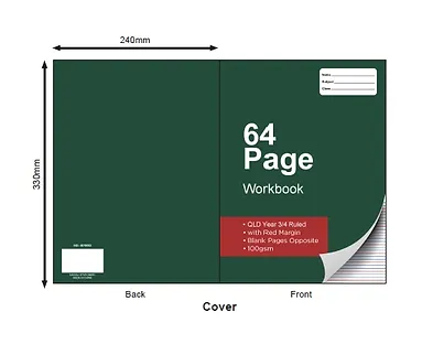 330x240mm Workbook 64 Pages  QLD Year 34 Ruled with Red Margin  Blank  100gsm Premium Paper Buy in Multiples of 12