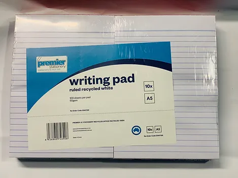 Premier Ruled Recycled Writing Pad A5 50 GSM 100 sheets per pad comes in pack of 10 pads   Buy in Multiples of 4 x 10pack 