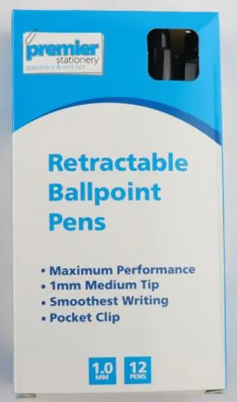 Premier Retractable Ballpoint Pen Black 10 mm Pack 12  Buy in Multiples of 12 