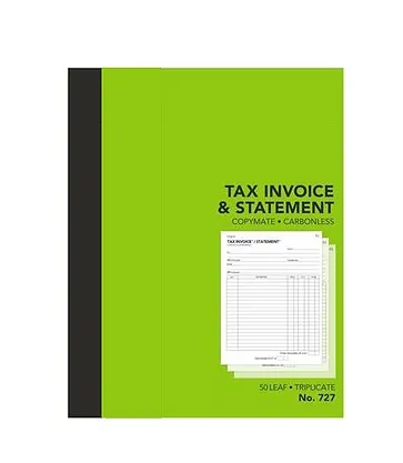 PREMIER 727 INVOICE AND STATEMENT BOOK CARBONLESS TRIPLICATE 50 LEAF 250 X 200MM  Buy in Multiples of 12 