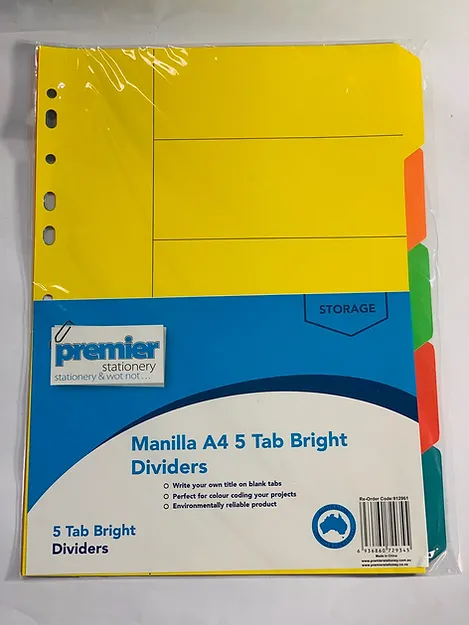 Premier Manilla A4 5 Tab Bright Dividers  Buy in Multiples of 12 