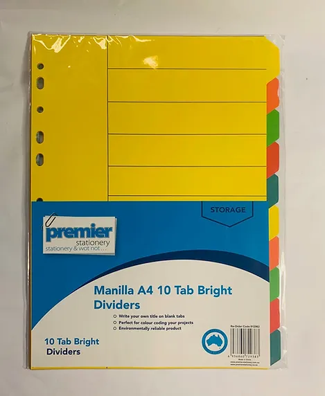 Premier Manilla A4 10 Tab Bright Dividers  Buy in Multiples of 12 