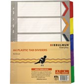 Bibbulmun A4 Plastic Reinforced Tab Dividers  5 Coloured Tabs  White Index Sheets